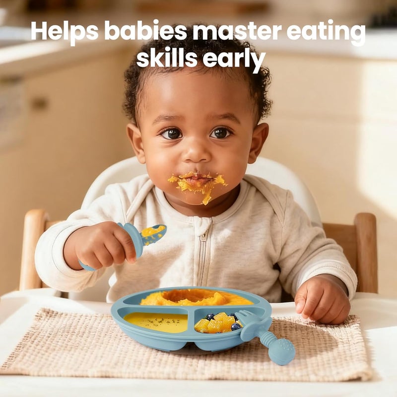 Eascrozn 2 Pack Baby Plates with Suction, 2 Pack Silicone Forks and Spoons Set, Baby Led Weaning Supplies, BPA Free, Toddler Utensils for Feeding Essentials - Image 5